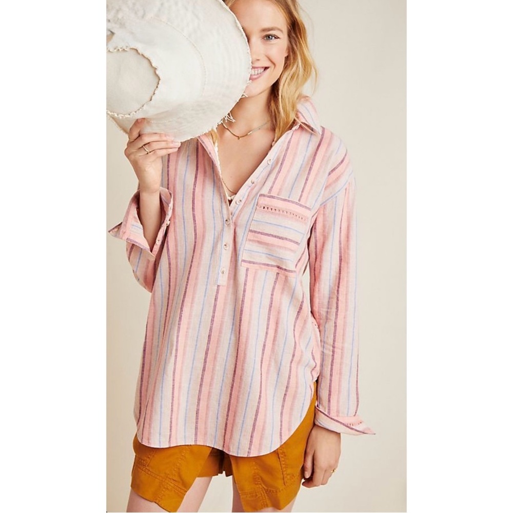 Anthropologie Maeve Lida Striped Linen Cotton Popover Shirt Top Pink Multi Sz XS